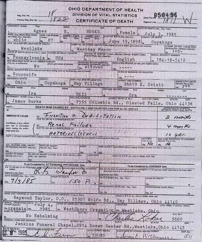 Agnes Hill Burke death certificate